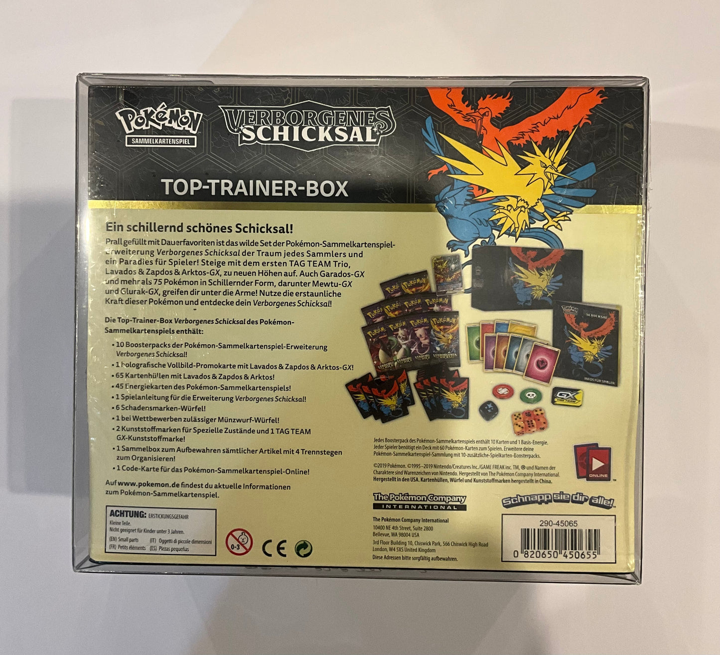 Pokémon Verborgenes Schicksal Top-Trainer-Box Deutsch – Lavados Zapdos Arktos GX Promo & 10 Booster