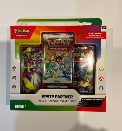 Pokémon Erste Partner Illustrations-Kollektion Serie 1 Deutsch – 3 Promokarten, 2 Booster & Stickerbogen