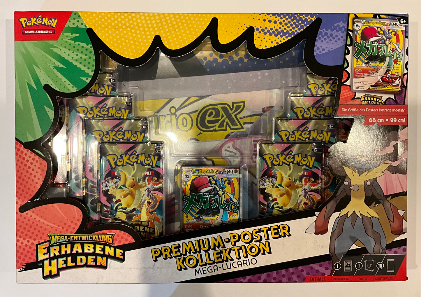 Pokémon Mega-Entwicklung Erhabene Helden Premium-Poster-Kollektion Deutsch – Mega-Lucario-ex Promokarte & 10 Booster